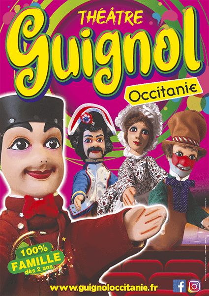 affiche magasin pour un theatre guignol occitanie avec du jaune fluo