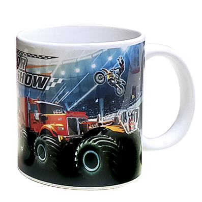 mug publicitaire pour un spectacle de cascadeurs auto moto